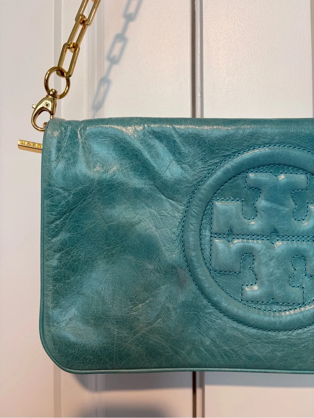 Tory Burch Teal Leather Shoulder Bag with Gold Chain Strap